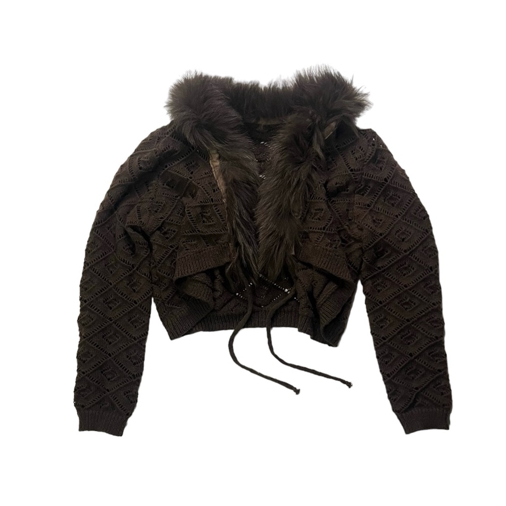 ROMWE Brown Knit Crop Top with Faux Fur Trim